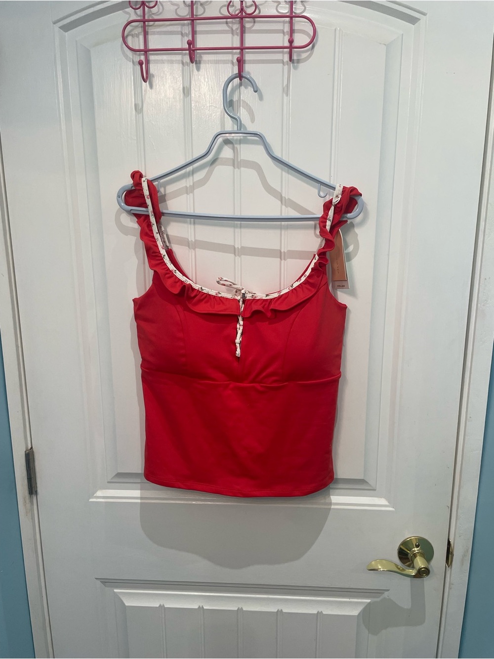 Ruffle-Trim Red Tank Top with Front Tie